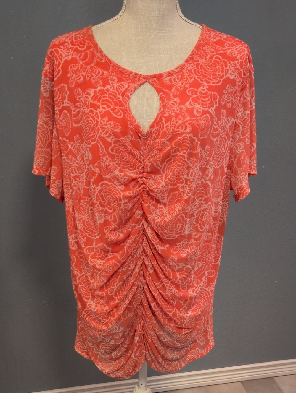 Cato Ruched Keyhole MeshFloral Boho ScoopneckBlouse Resortwear Largenlook Summer